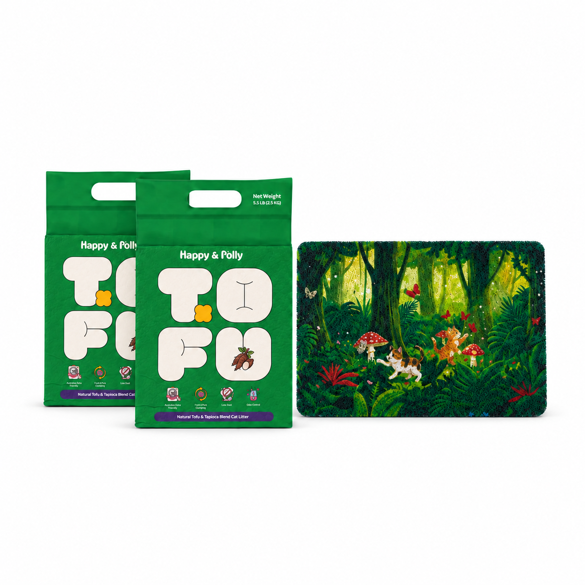 Tofu &amp; Cassava Natural Cat Litter and Tropical Jungle Cat Litter Mat bundle — 2bags-white