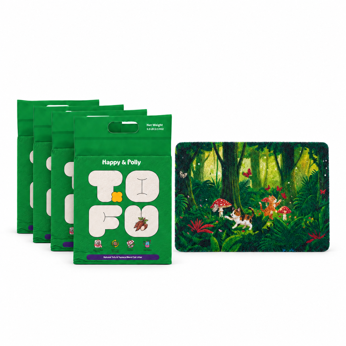 Tofu &amp; Cassava Natural Cat Litter and Tropical Jungle Cat Litter Mat bundle — 4bags-white