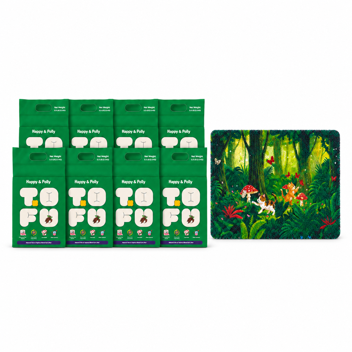 Tofu &amp; Cassava Natural Cat Litter and Tropical Jungle Cat Litter Mat bundle — 8bags-white