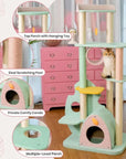 Feature details of the Upgraded Wonderland Cat Tree-XL: top perch with hanging toy, sisal scratching post, private comfy condo, multiple-level perch