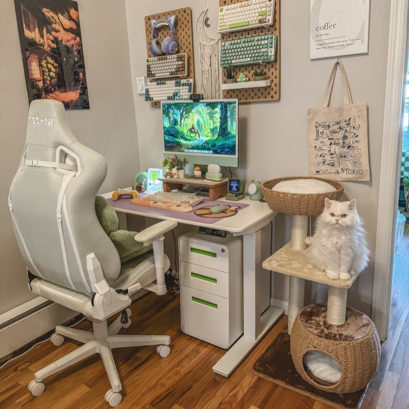 A white cat sitting on the platform of the Brown Rattan Cat Tree, matching the room&#39;s style.