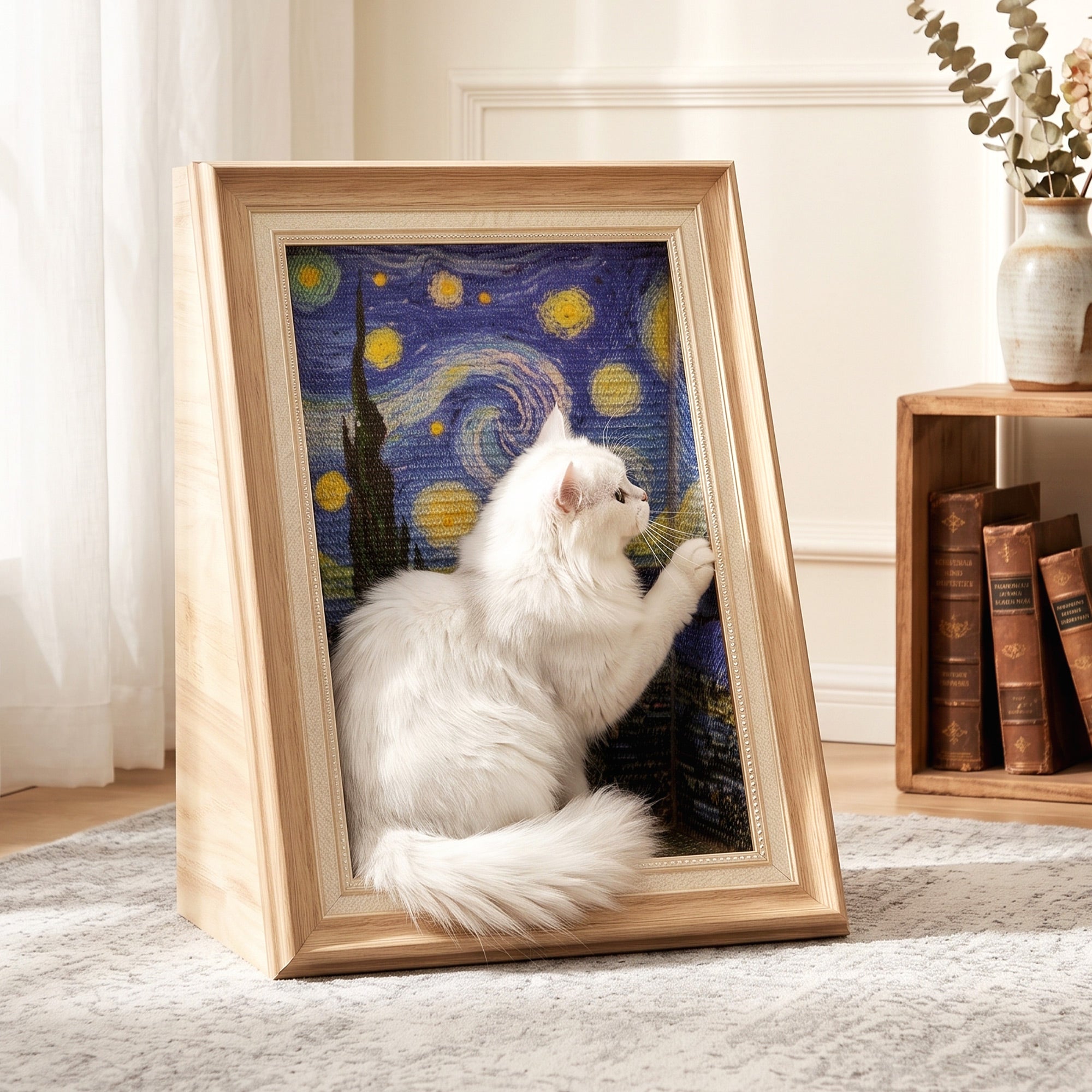 Wooden Art Cat Scratcher House cat inside scene