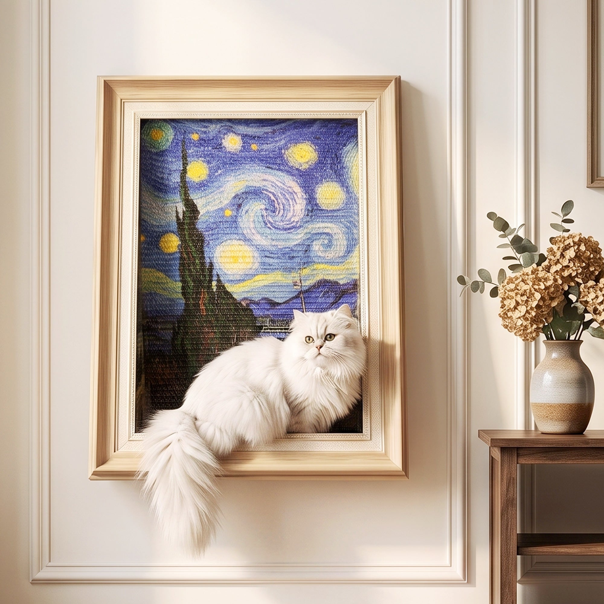 Wooden Art Cat Scratcher House cat lounging scene