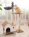 Cat scratching the Wooden House Cat Tree sisal post – durable scratching post for active cats.