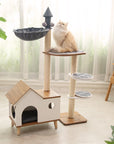 Cat sitting on top of the Wooden House Cat Tree – providing a high vantage point for your feline.