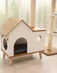 Close-up of the Wooden House Cat Tree condo – spacious hideaway for cats to rest.