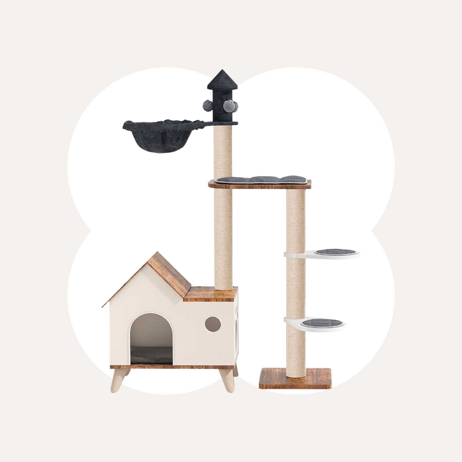 Wooden House Cat Tree front view – modern cat furniture with a cozy house design.