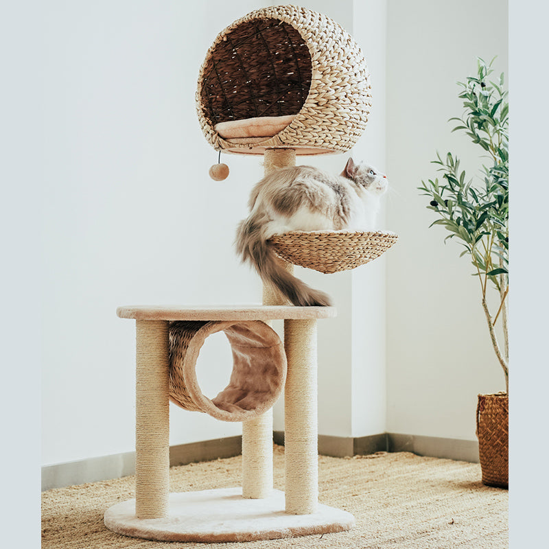 Cute Minimalist Ratten Cat Tree Happy Polly 22 x 22 x 51.2 Beige Cream Color