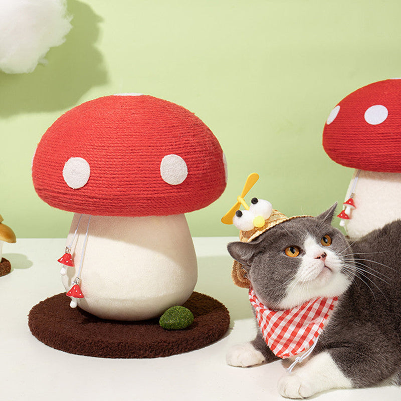 A cat sitting next to the Mushroom Cat Scratcher, showcasing its compact size and playful design.