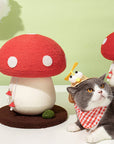 A cat sitting next to the Mushroom Cat Scratcher, showcasing its compact size and playful design.