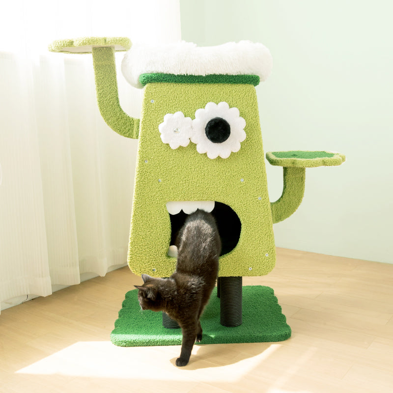 Cat exiting the cozy condo of Monster Waiter Cat Tree – private hideaway for cats.