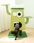 Cat exiting the cozy condo of Monster Waiter Cat Tree – private hideaway for cats.